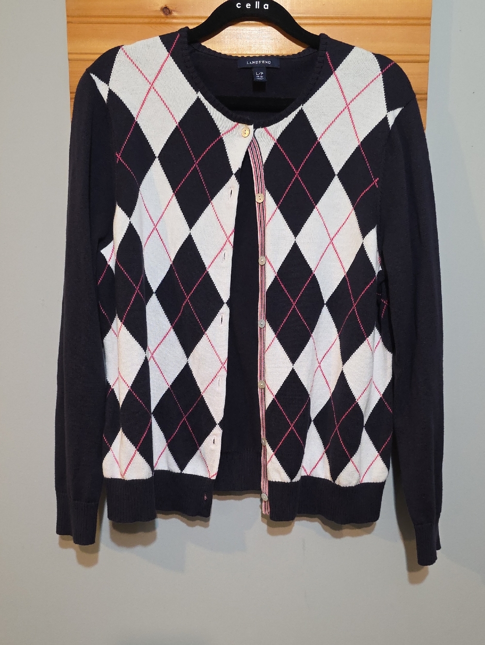 Lands' End Navy and White Argyle Button Cardigan with Pink Trim Sz Large/P